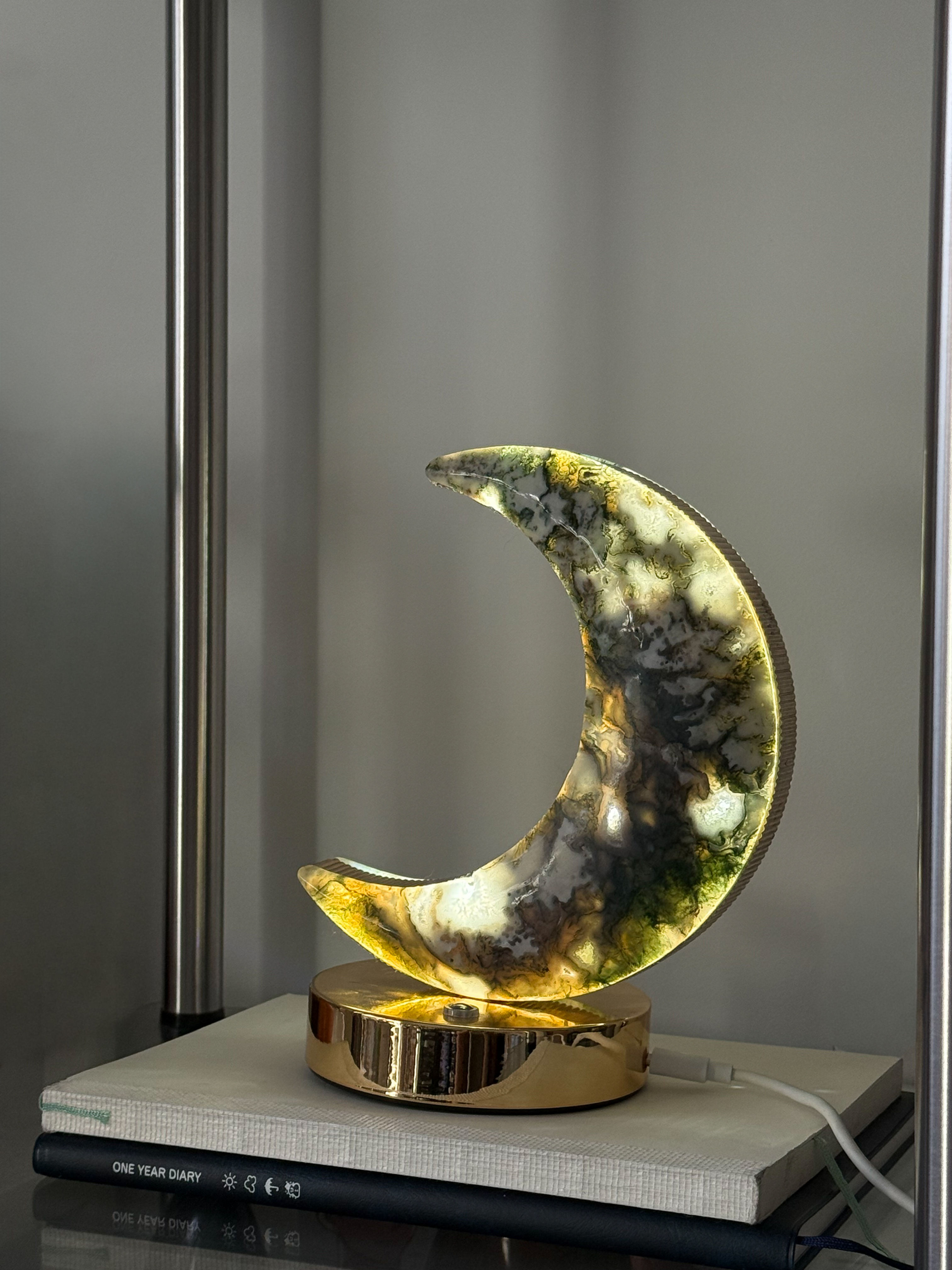 Large Moss Agate Moon Lamp, view 3