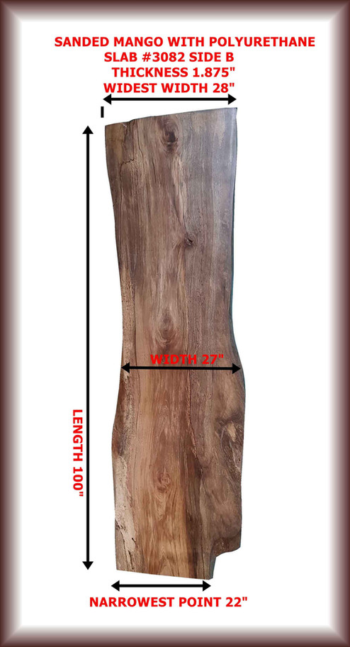Wooden slab with Length 100" and Width 23" measurements; Rustic Teak Base.