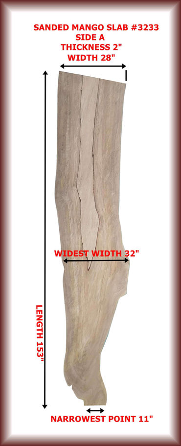 Wood slab with visible text: Widest Width 32", Diamond Tropical Hardwoods