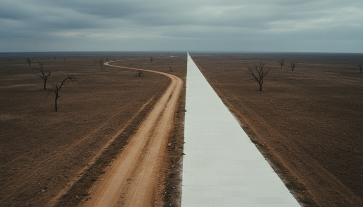 High-angle view of a narrow dirt path dividing a sparse field and a polished white stone road.