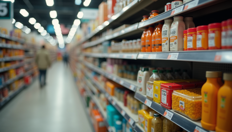 High angle view of a store shelf with a "limited stock" sign on popular products