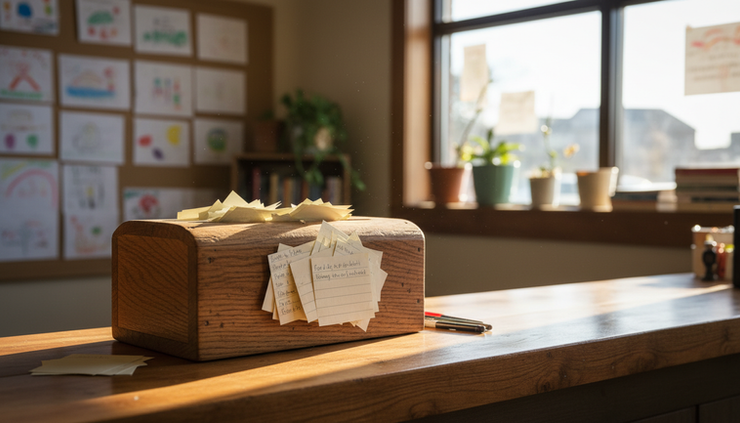Eye-level view of a wooden suggestion box filled with handwritten customer cards
