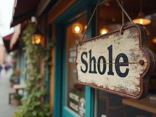 A vintage painted wooden sign outside a shop, showing early outdoor advertising techniques