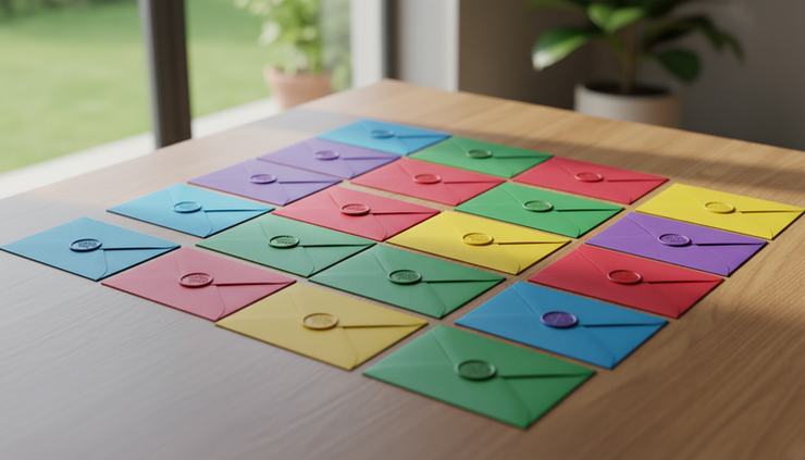 Wide-angle view of colorful sealed envelopes arranged on a wooden table.