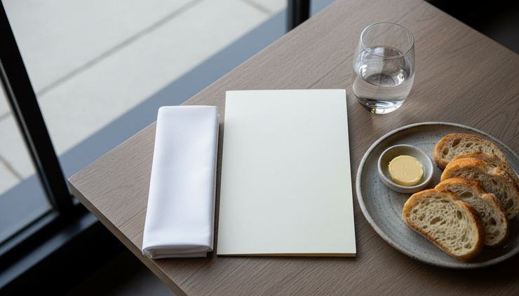 Overhead view of a restaurant table set with a clean menu, water glass, folded napkin, and fresh bread.