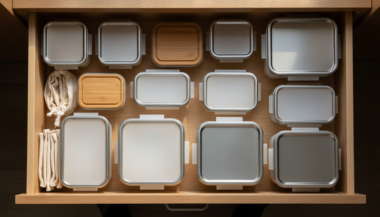 Overhead view of reusable containers arranged in a simple pantry drawer.