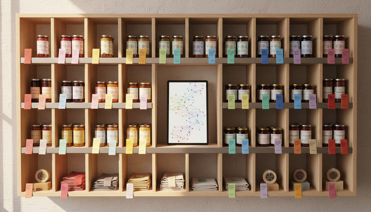 Wide-angle view of a small retail shelf with color-coded product tags and a simple tablet showing abstract recommendation patterns