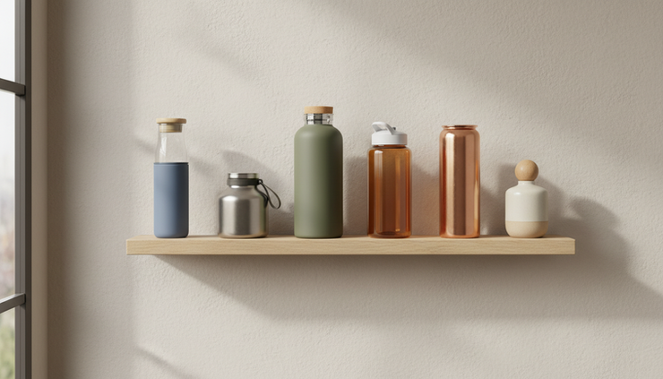 Wide-angle view of a shelf with several distinct reusable water bottles arranged by color and shape