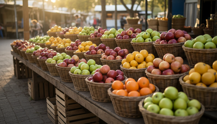 Wide-angle view of an open market stall with neatly arranged fruit baskets under soft afternoon light.