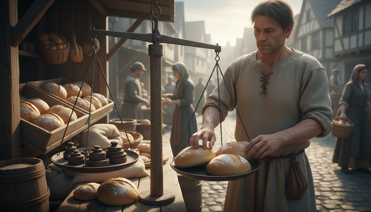 Eye-level view of a medieval baker weighing loaves at a wooden stall.