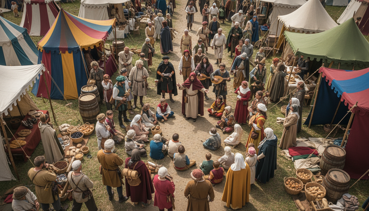 Overhead view of travelers and musicians gathered near fair tents.