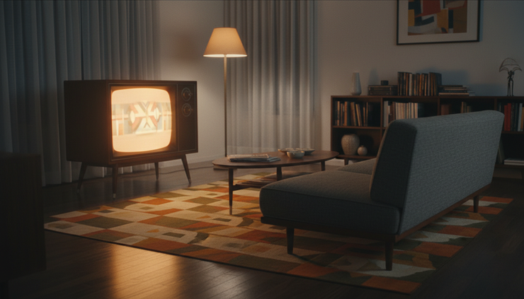 Wide-angle view of a vintage television glowing in a quiet living room