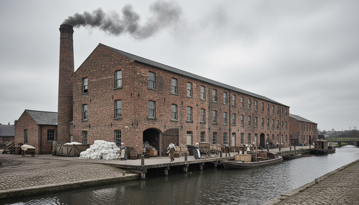 Wide-angle view of a 19th-century textile mill beside a canal.