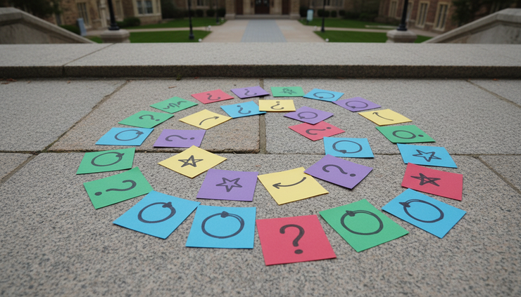 Overhead view of colored index cards arranged on stone steps with simple symbols drawn on them
