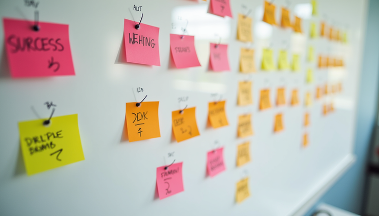 High angle view of a whiteboard with colorful sticky notes representing customer segments