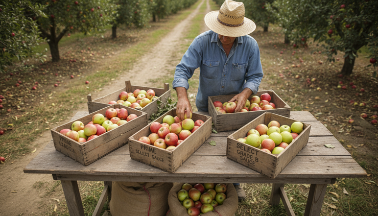 Overhead view of a farmer sorting apples into wooden crates at an outdoor stand