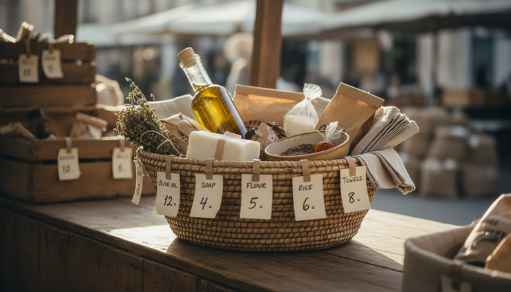 Close-up view of a basket filled with unbranded everyday items and visible paper price labels.
