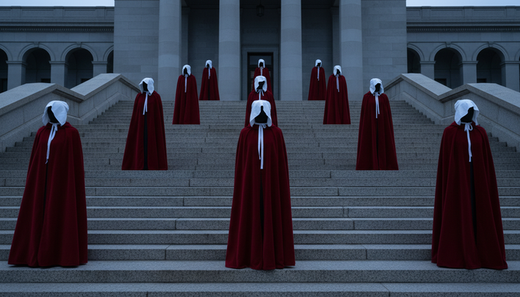 Eye-level view of red cloaks lined along an empty civic staircase.