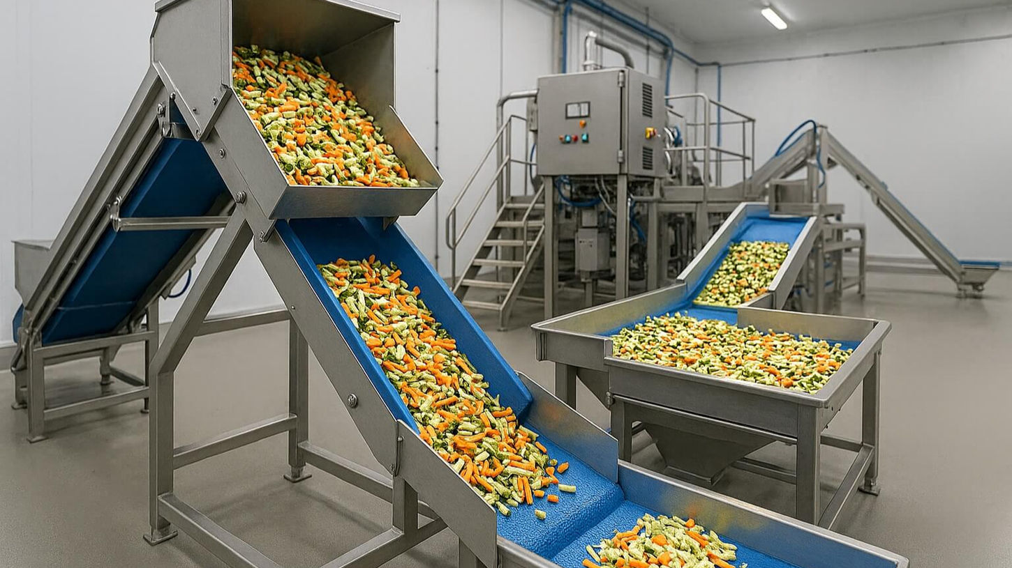 Conveyor line transporting chopped vegetables inside a food processing facility near Belgrade.