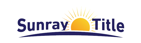 Sunray Title logo, navy blue text with an orange and yellow sun in the middle.