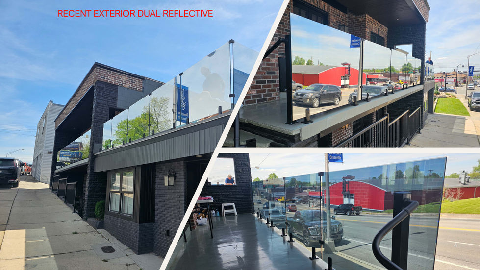 Exterior dual reflective glass installation with text Commercial Elite Film Solutions