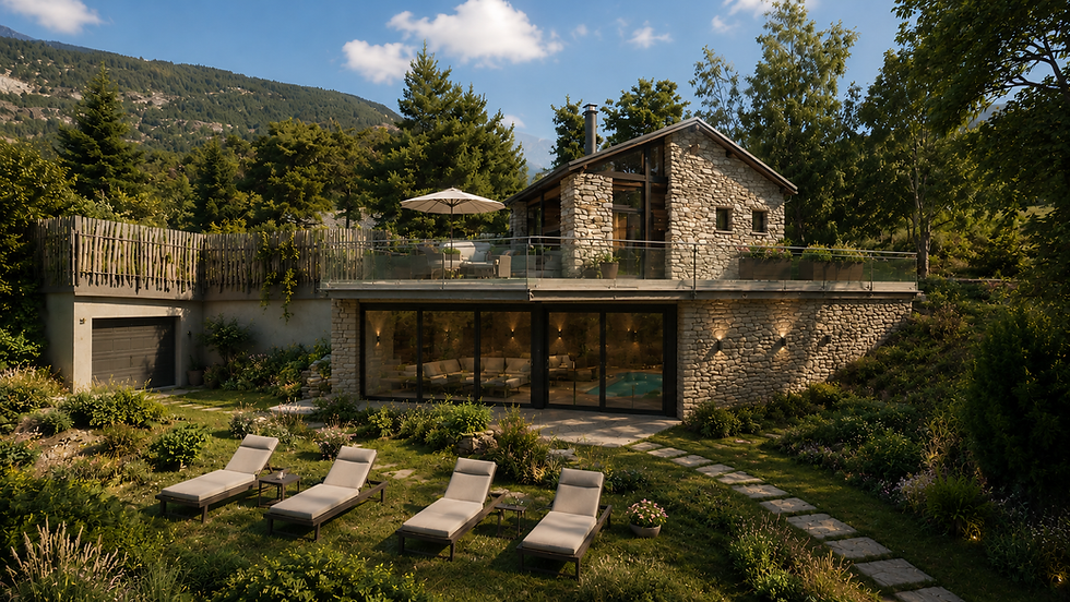 Drone audiovisual production of a stone villa at sunset