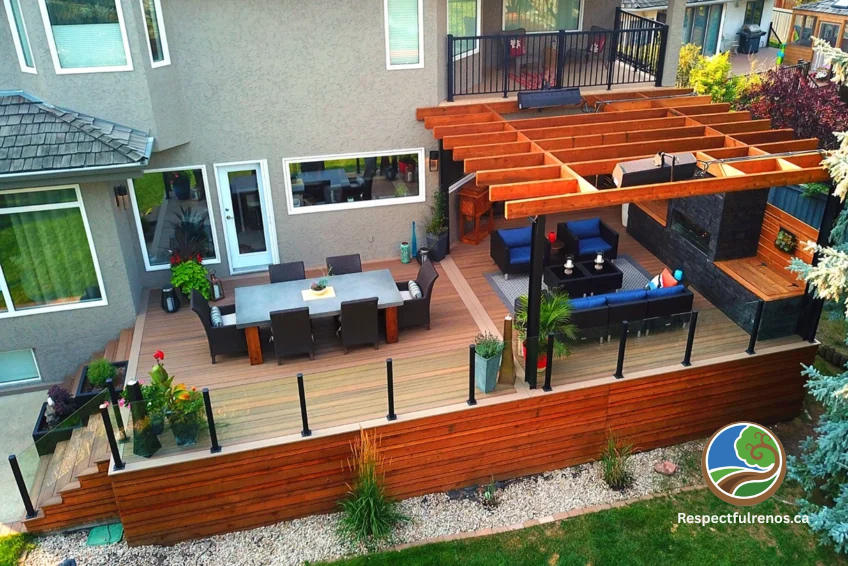 composite, wood and stone combine for a beautiful finsih