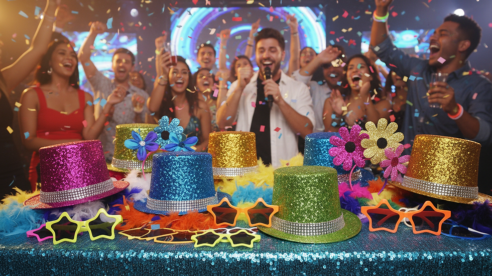 Close-up view of a photo booth prop table with colorful hats and glasses