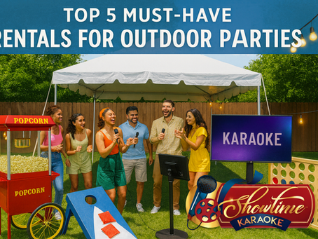 Showtime Karaoke blog preview image highlighting top 5 outdoor party rentals in Kansas City with tent, concessions, and games