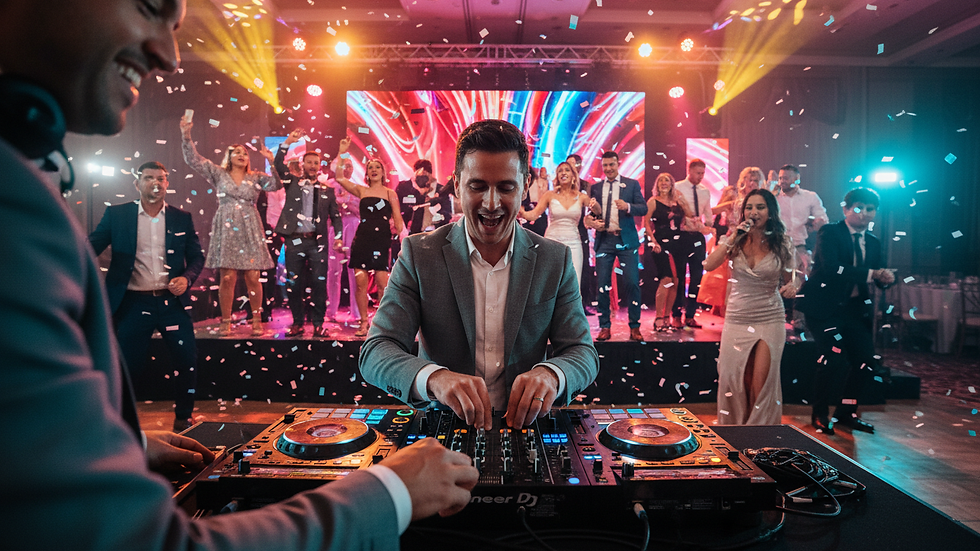 Close-up view of a DJ mixing music on a professional controller at a wedding