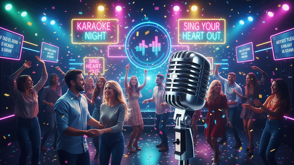 Close-up view of a microphone on a karaoke stage with colorful lights