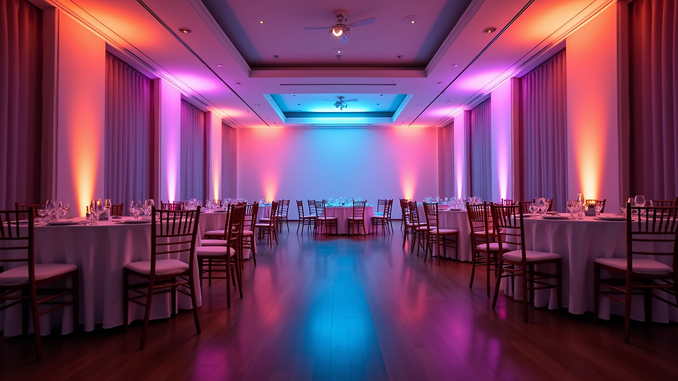 Eye-level view of a banquet hall with colorful uplighting along the walls