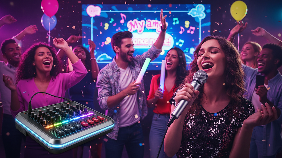 Close-up view of professional karaoke microphone and sound system setup