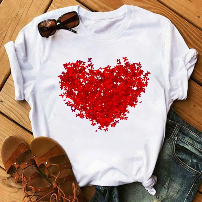 Miniature : Romantique rouge amour montgolfière T-shirt femme mode décontracté ample court S
