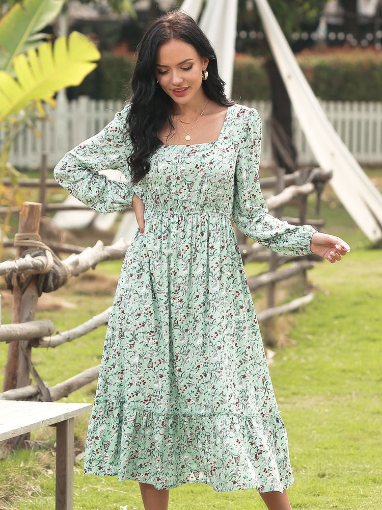 Miniature : Robe longue à manches longues pour femme, col carré, décontractée, style bohème