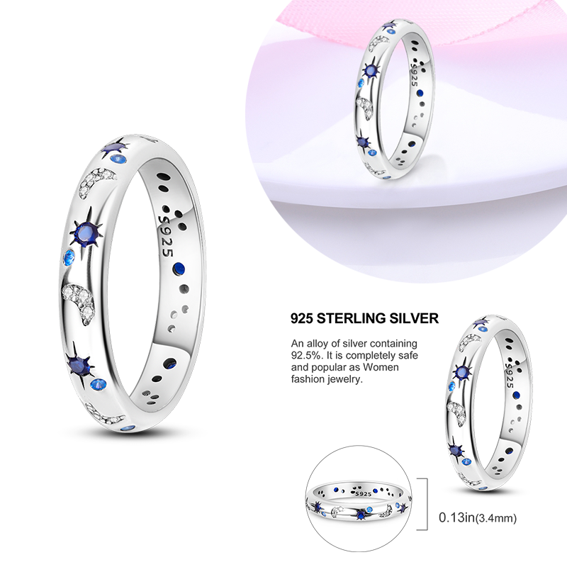 Miniature : 925 Sterling Silver Evil Eyes Rings Stackable Sun Moon Rings For Women Wedding J