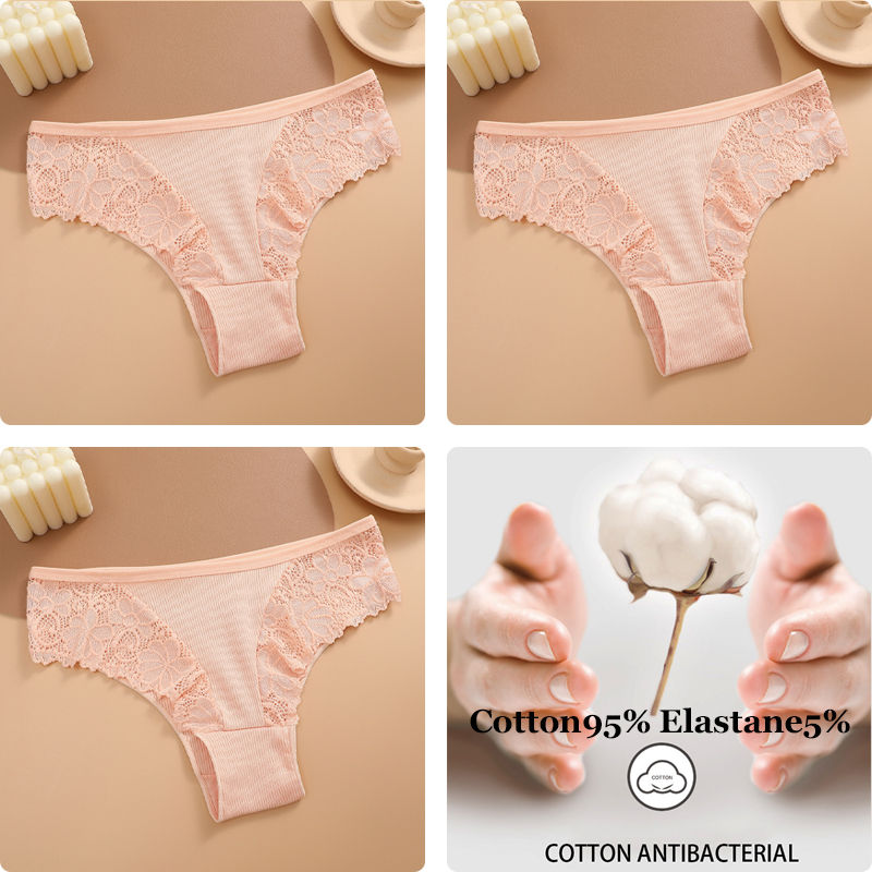 Miniature : 3 pièces coton culottes brésiliennes dentelle pour les femmes Sexy taille basse