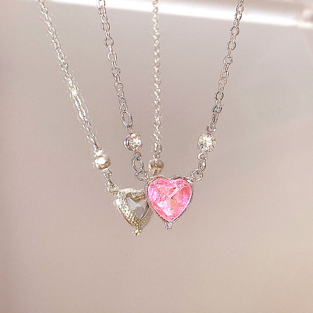 Miniature : Y2K Pink Planet Heart Zircon Pendant Necklaces Women Fashion Aesthetic Clavicle 