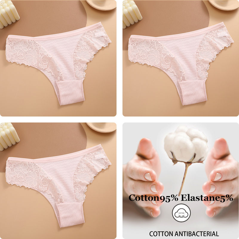 Miniature : 3 pièces coton culottes brésiliennes dentelle pour les femmes Sexy taille basse