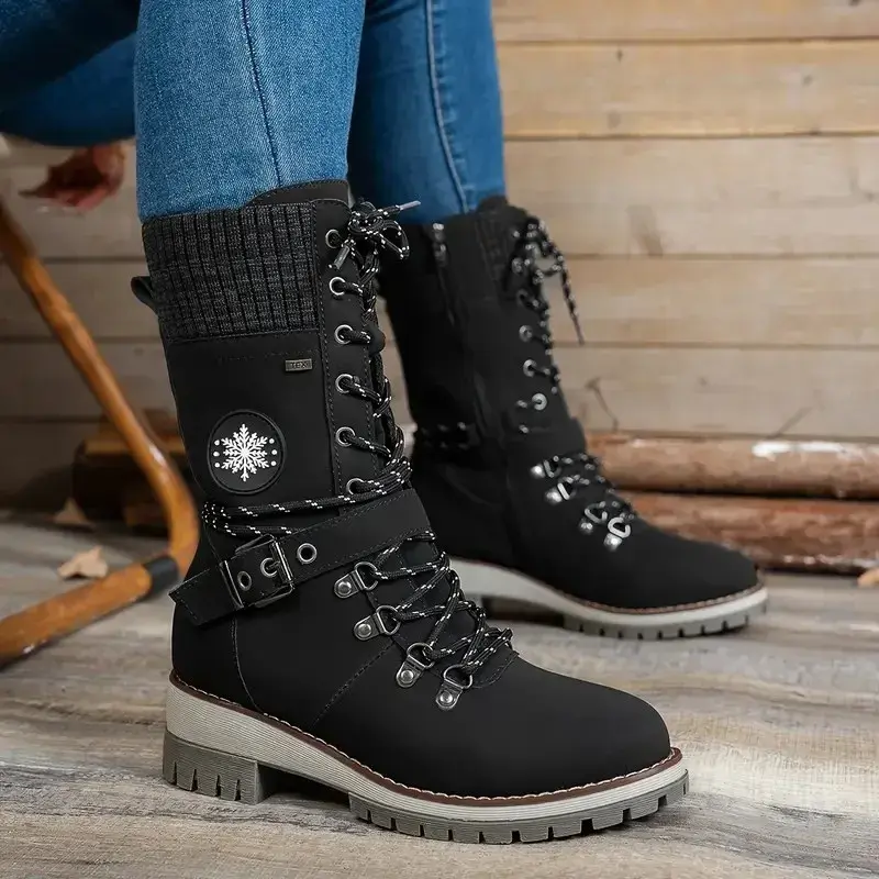 Miniature : Bottes mi-tube tricotées à lacets sur le côté pour femme, bottes d'hiver à talon