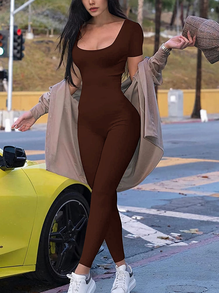 Miniature : Barboteuses pour femmes à manches courtes Combinaisons moulantes skinny solides 