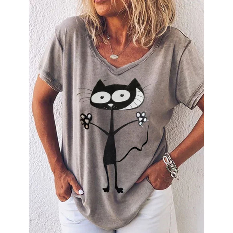 Miniature : Mode femme Blouses T-shirt femmes 3d chats imprimé noir Kawaii col en v T S