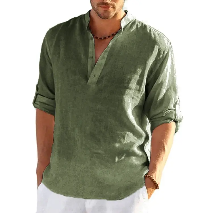 Miniature : T-shirt à manches longues en lin pour hommes, couleur unie, ample, décontract�