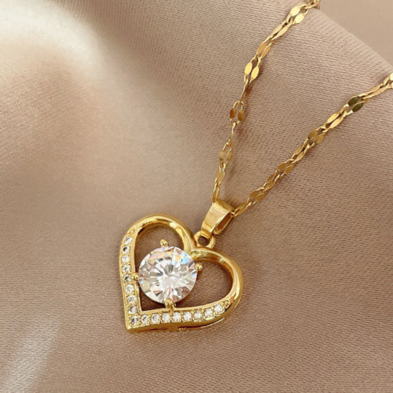 Miniature : Artificial Gems Heart Pendant Necklace for women 2022 Golden Stainless Steel Lip