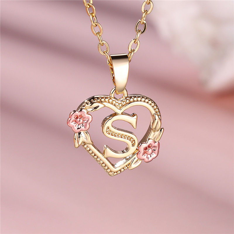 Miniature : Female A-Z Letter Flower Pendant Necklace Yellow Gold Color Wedding Jewelry Gift