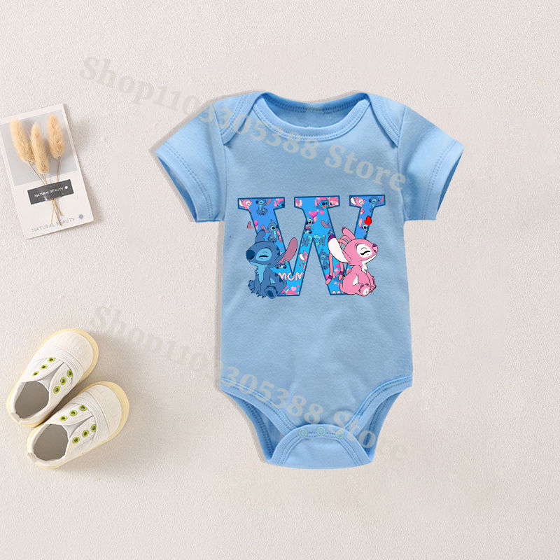 Miniature : Disney Stitch Baby Bodysuit Clothes Cartoon Letter A-Z Printing Cotton Jumpsuit 