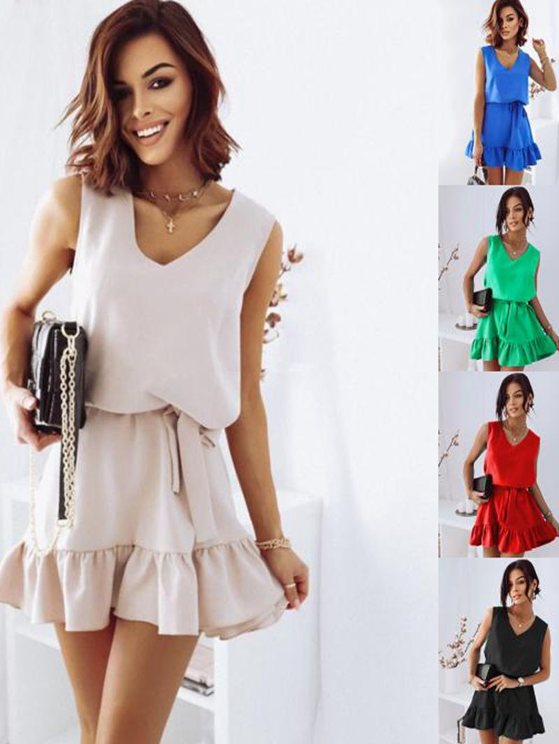 Miniature : Robe courte à lacets pour femmes, col en v, sans manches, taille enveloppée