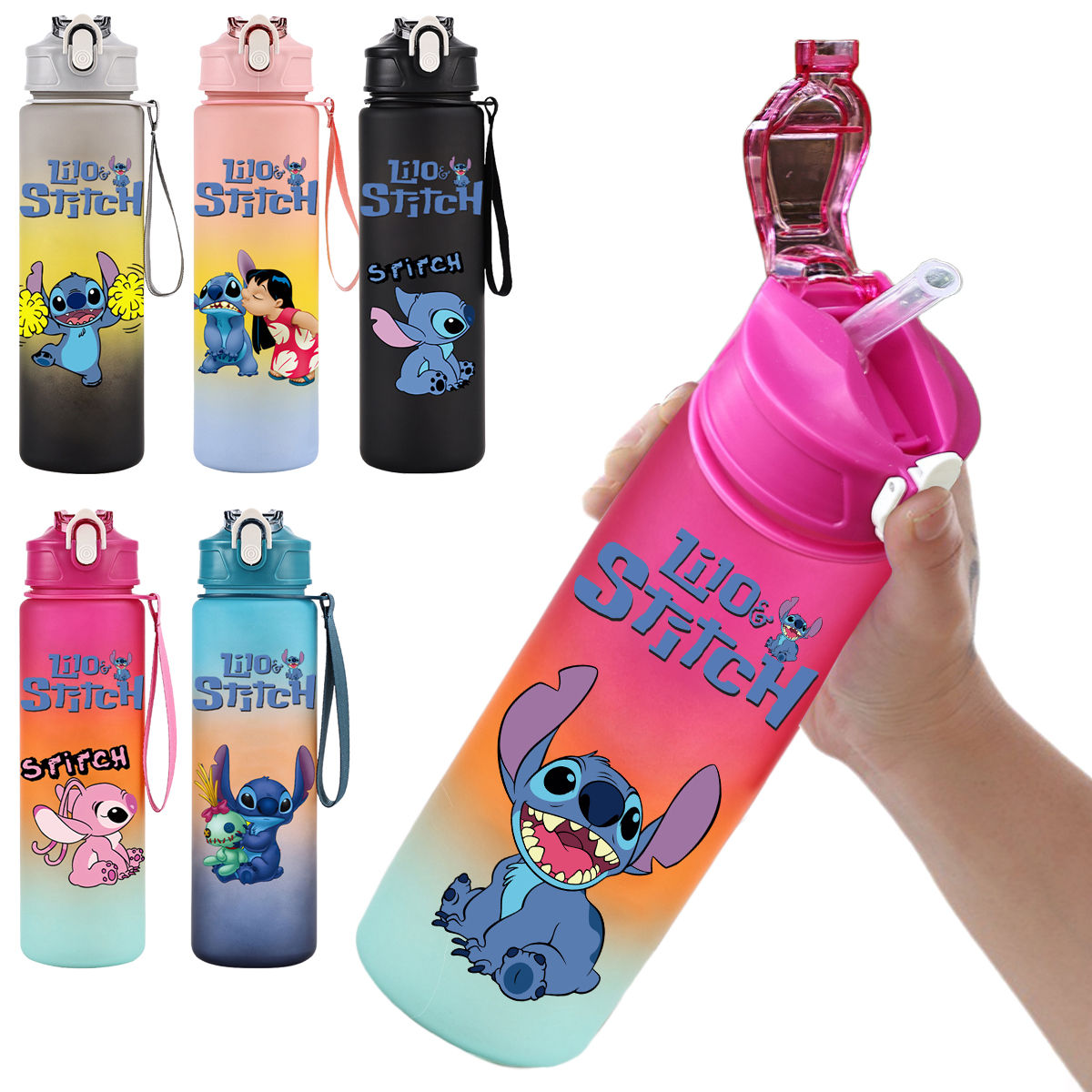 750Ml Disney Lilo Stitch Plastic Straw Water Cup Sports Water Bottle High Value