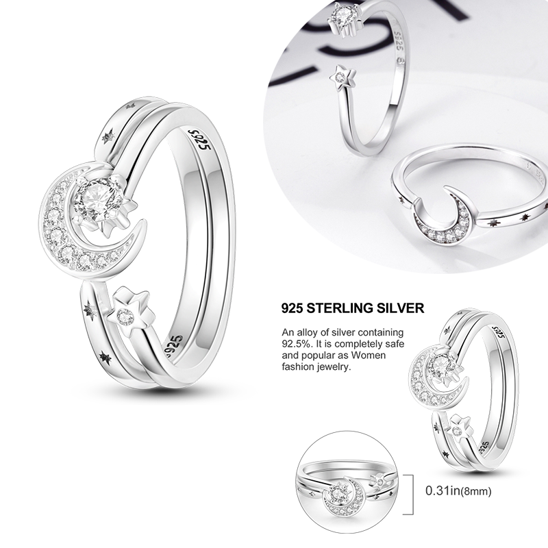 Miniature : 925 Sterling Silver Evil Eyes Rings Stackable Sun Moon Rings For Women Wedding J