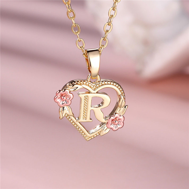 Miniature : Female A-Z Letter Flower Pendant Necklace Yellow Gold Color Wedding Jewelry Gift